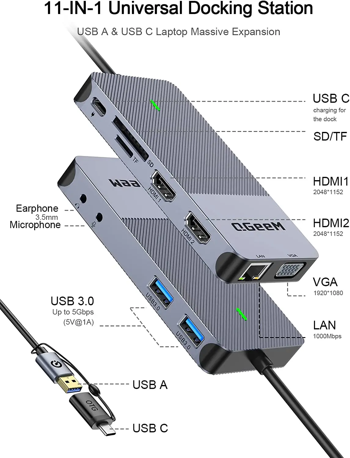 QGeeM USB 3.0 Docking Station, - Laptop Accessories Hub 评论和价格